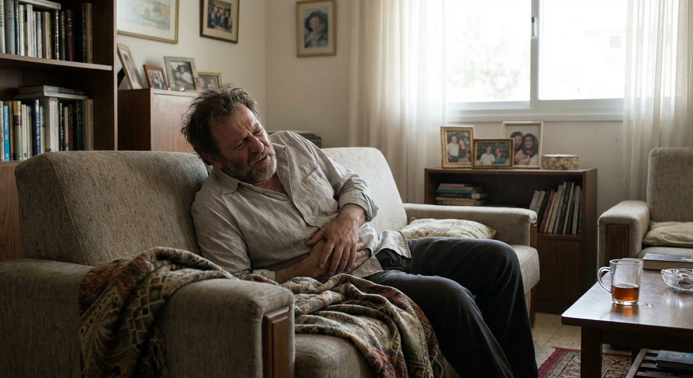 גבר ישראלי יושב על הספה אוחז את הבטן מרגיש לא טוב מסטרס כרוני