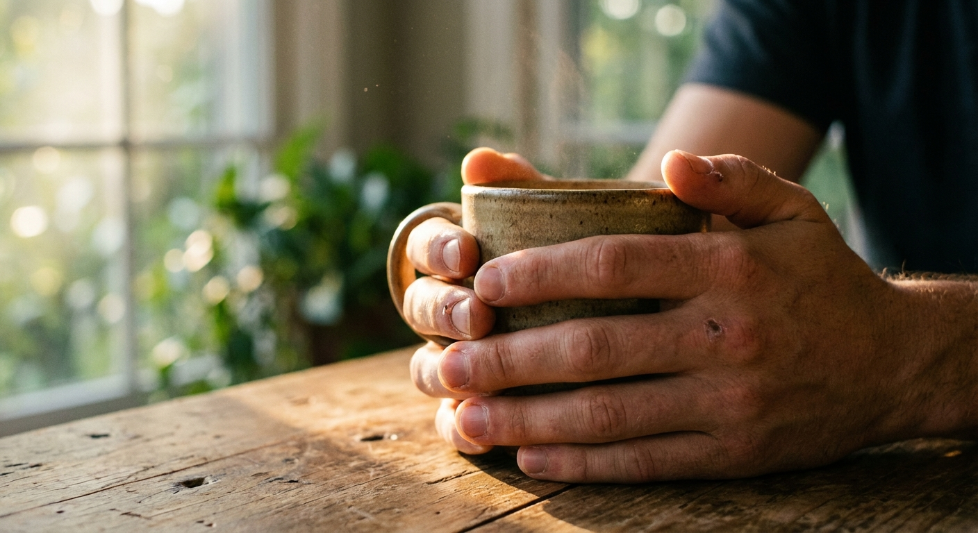 ידיים של גבר צעיר אוחזות כוס קפה ליד חלון, תקריב חמים עם אור בוקר