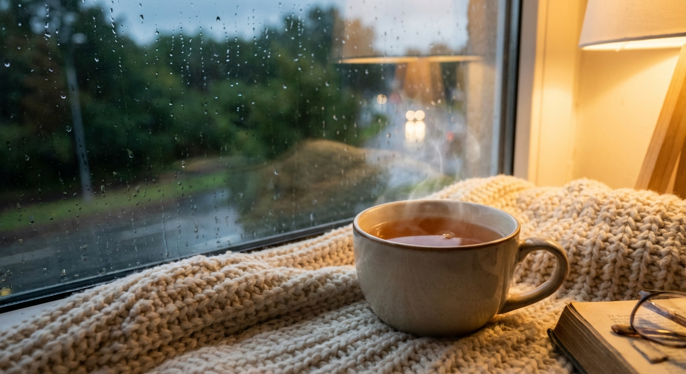 כוס תה על שמיכה נעימה ליד חלון עם טיפות גשם