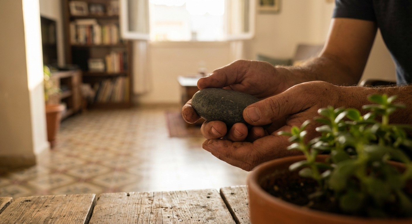 ידיים של אדם מחזיקות אבן חלקה קטנה ליד צמח ירוק על שולחן, רגע של מגע מודע