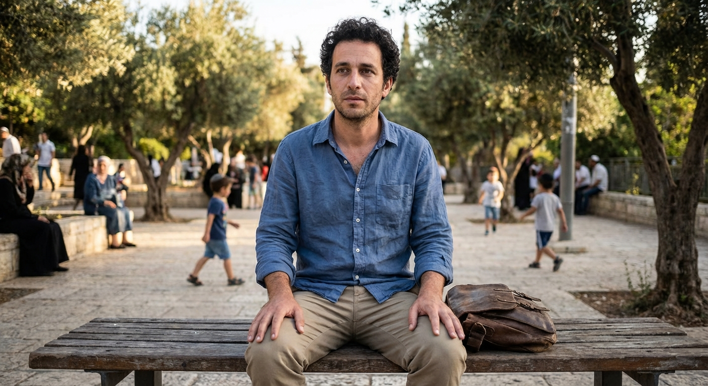 גבר ישראלי יושב על ספסל בפארק, מניח ידיים על ברכיים ומרגע את עצמו לפני שחוזר לעבודה