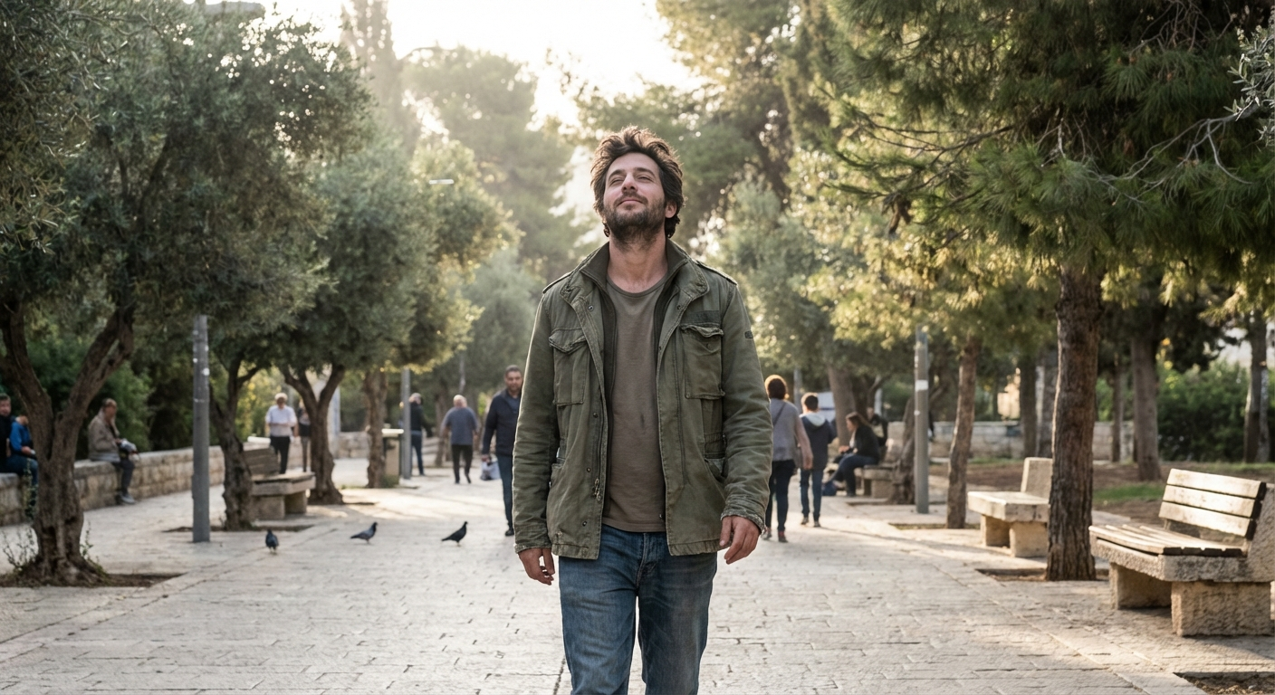 גבר ישראלי הולך לאט בפארק עירוני בבוקר מוקדם, נושם עמוק