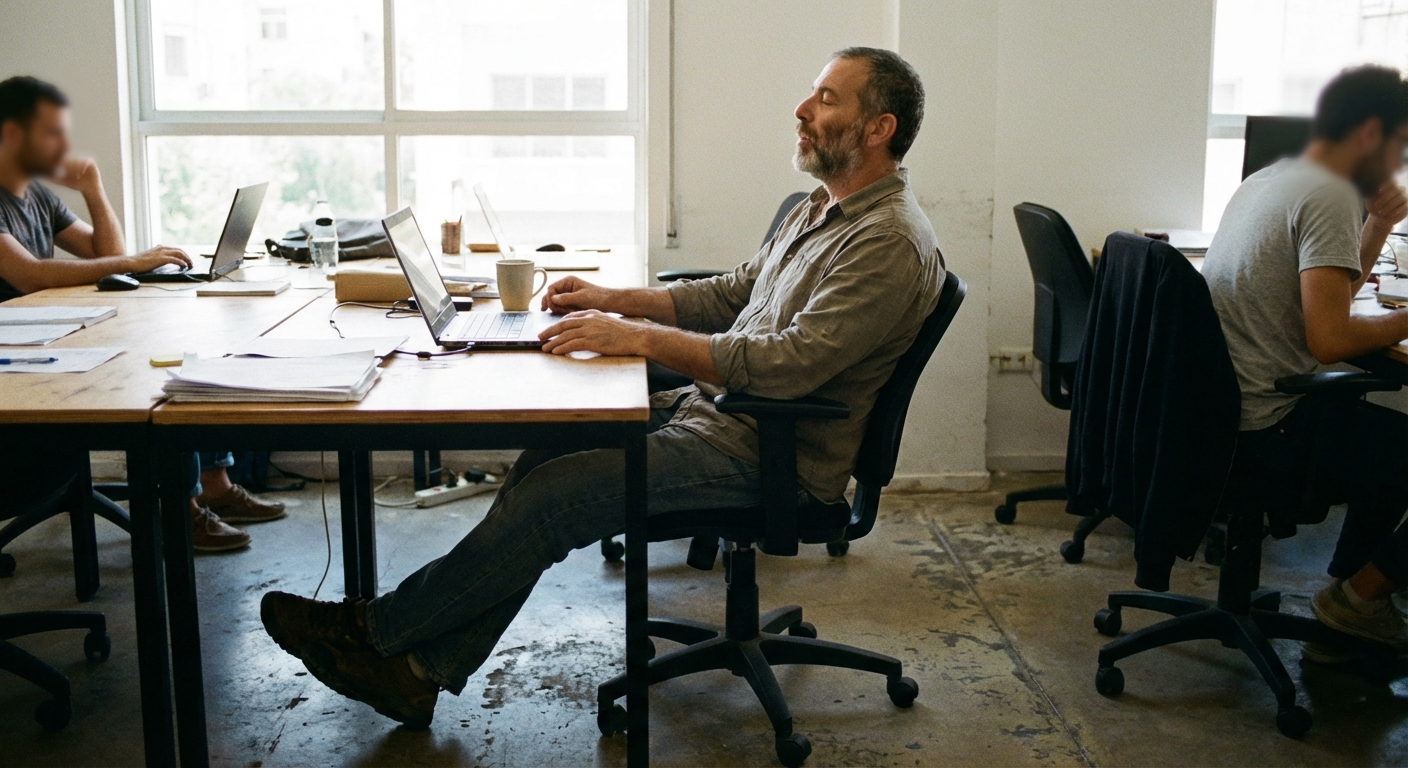 גבר ישראלי יושב ליד שולחן עבודה, כפות רגליים יציבות על הרצפה ונשיפה ארוכה לפני שהוא חוזר למסך