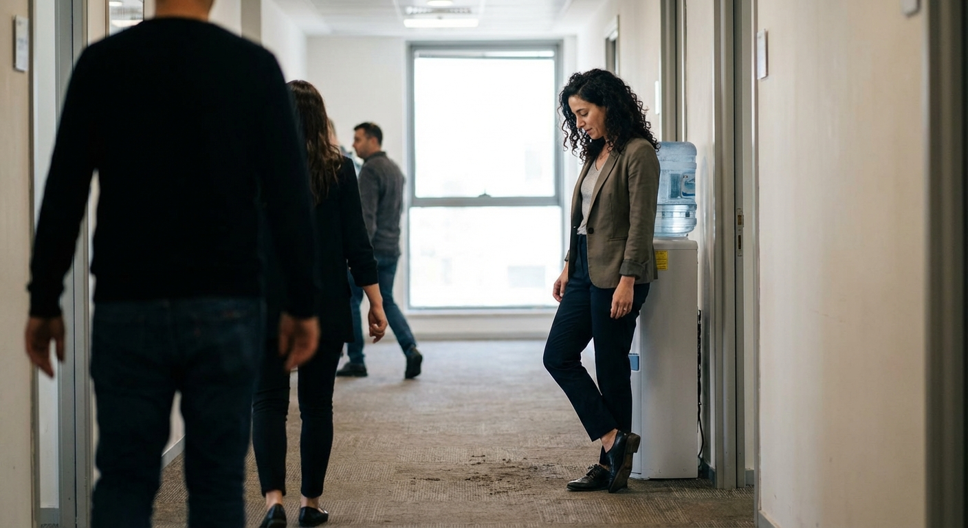 אישה ישראלית עומדת במסדרון משרדי, לוחצת בעדינות את כפות הרגליים לרצפה ומרפה כתפיים