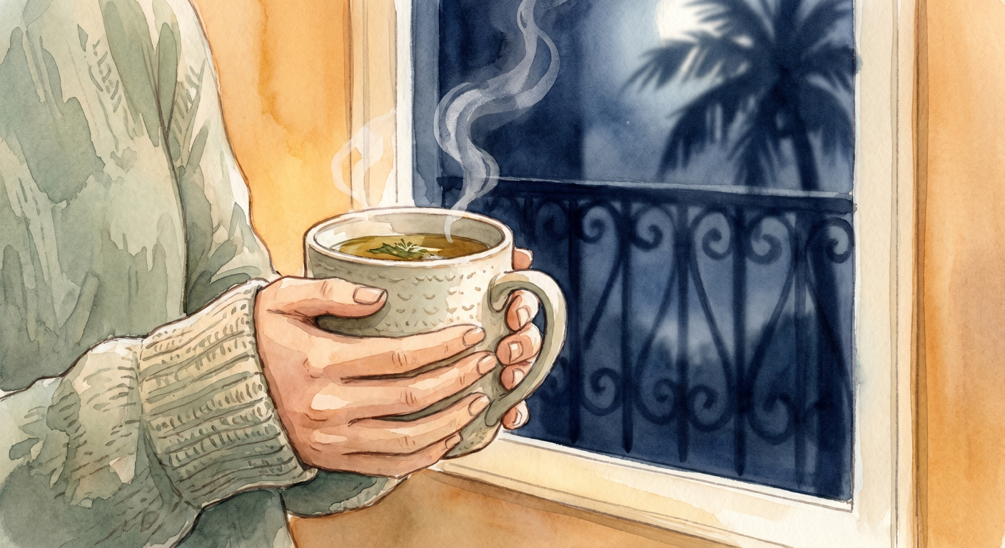 כוס תה חם מול חלון בלילה, רגע של שקט באמצע סערת גירושים