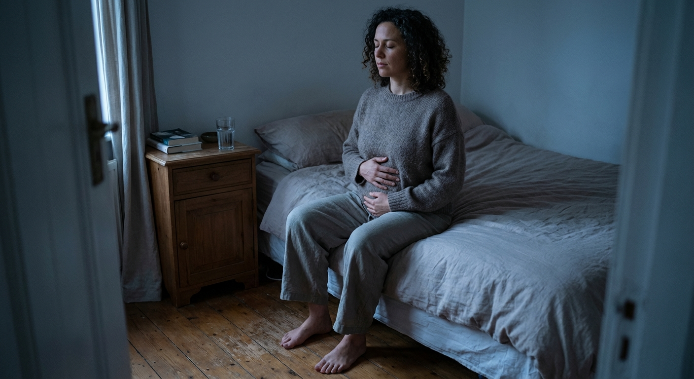 אישה ישראלית יושבת על שפת המיטה בחושך, מתרגלת נשימה עמוקה עם ידיים על הבטן