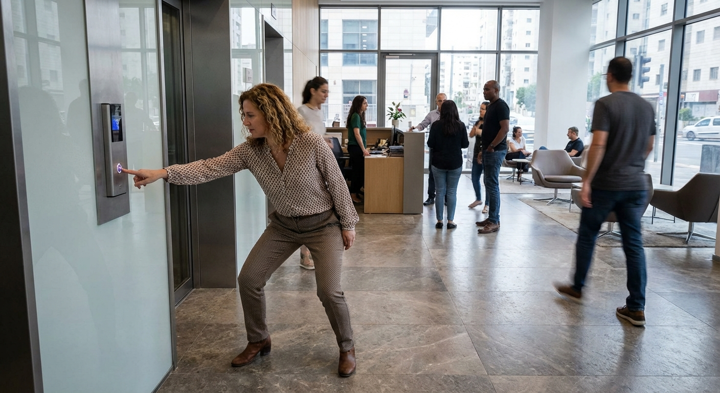 אישה ישראלית לוחצת על כפתור מעלית ועושה תרגיל קרקוע קצר עם כפות רגליים יציבות על הרצפה