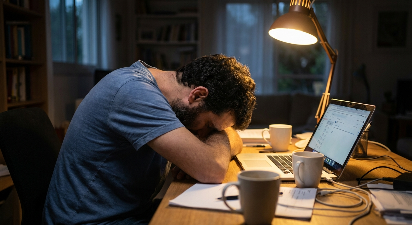 גבר ישראלי מניח ראש על ידיים ליד שולחן עבודה ביתי, אור ערב חמים