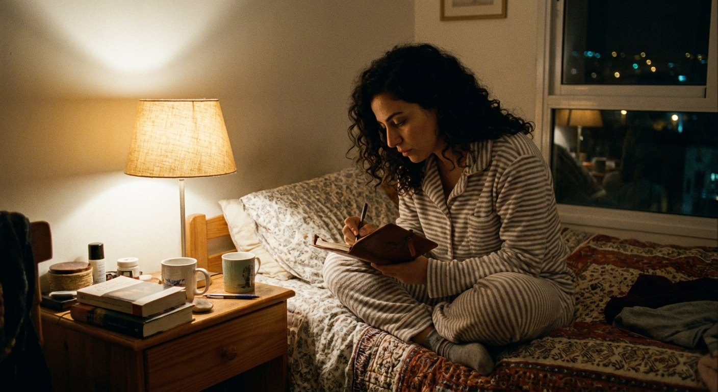 אישה ישראלית יושבת על קצה המיטה בלילה וכותבת ביומן