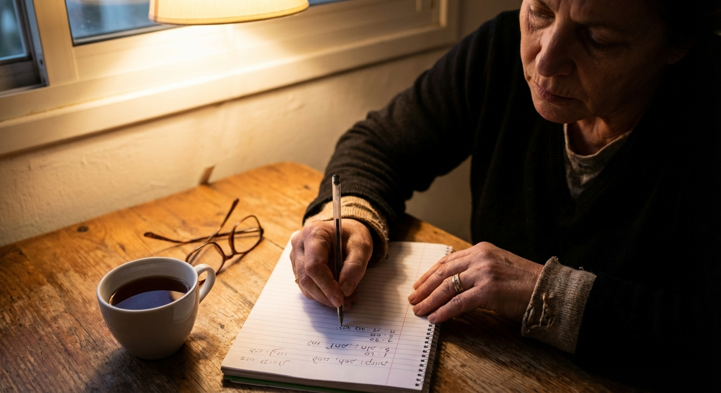 אישה ישראלית רושמת רשימת הוצאות במחברת ליד כוס תה