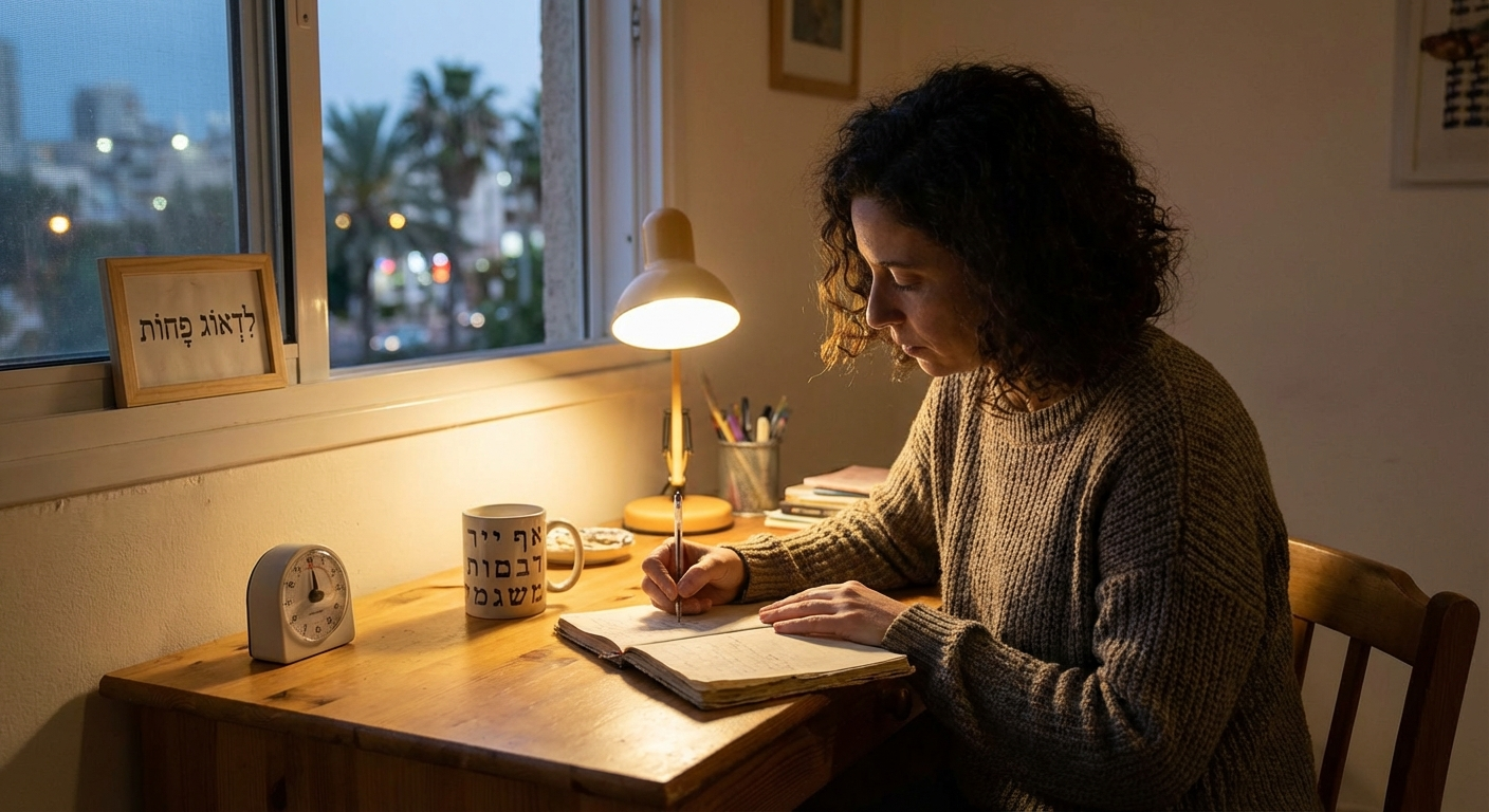 אישה ישראלית יושבת ליד שולחן בערב עם תה, מחברת וטיימר, וכותבת בשקט