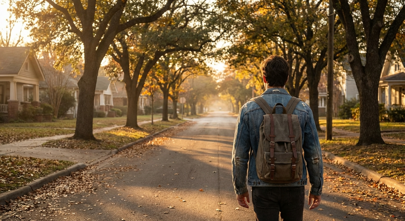 אדם הולך לבד ברחוב שקט עם עצים, אור שקיעה חמים, מצב רוח רגוע