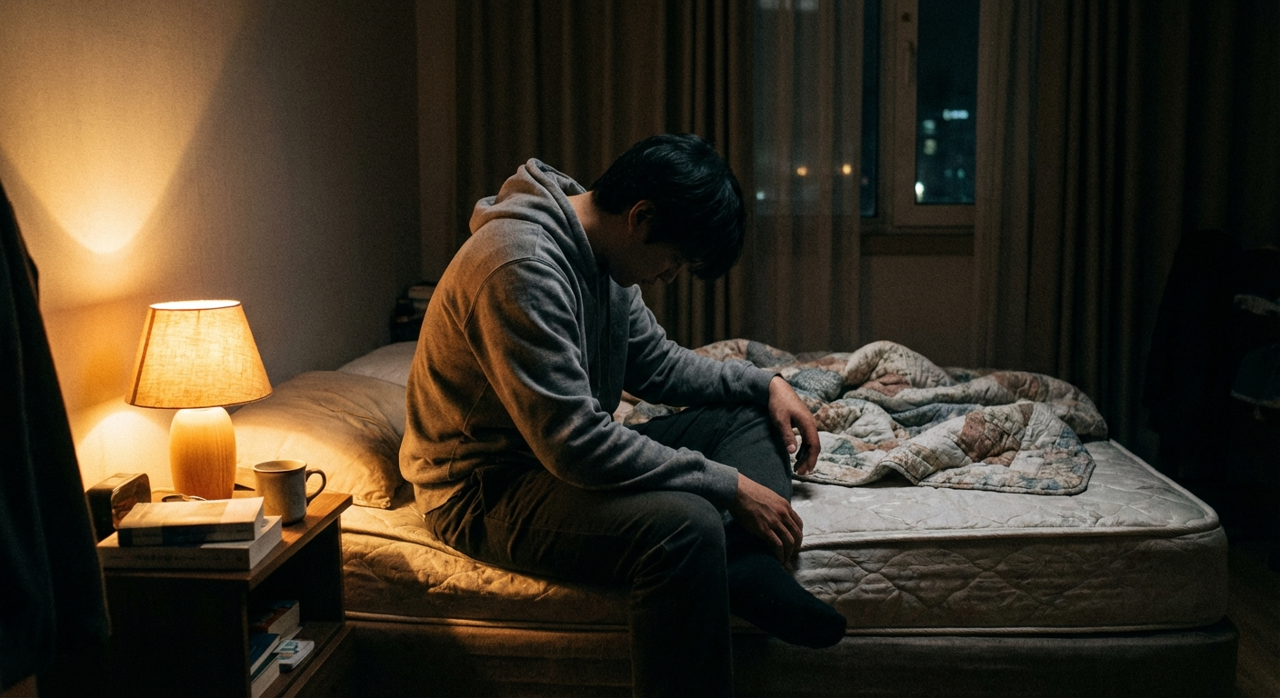 אדם יושב על שפת המיטה בחשיכה, כפות רגליים על הרצפה, אור לילה רך