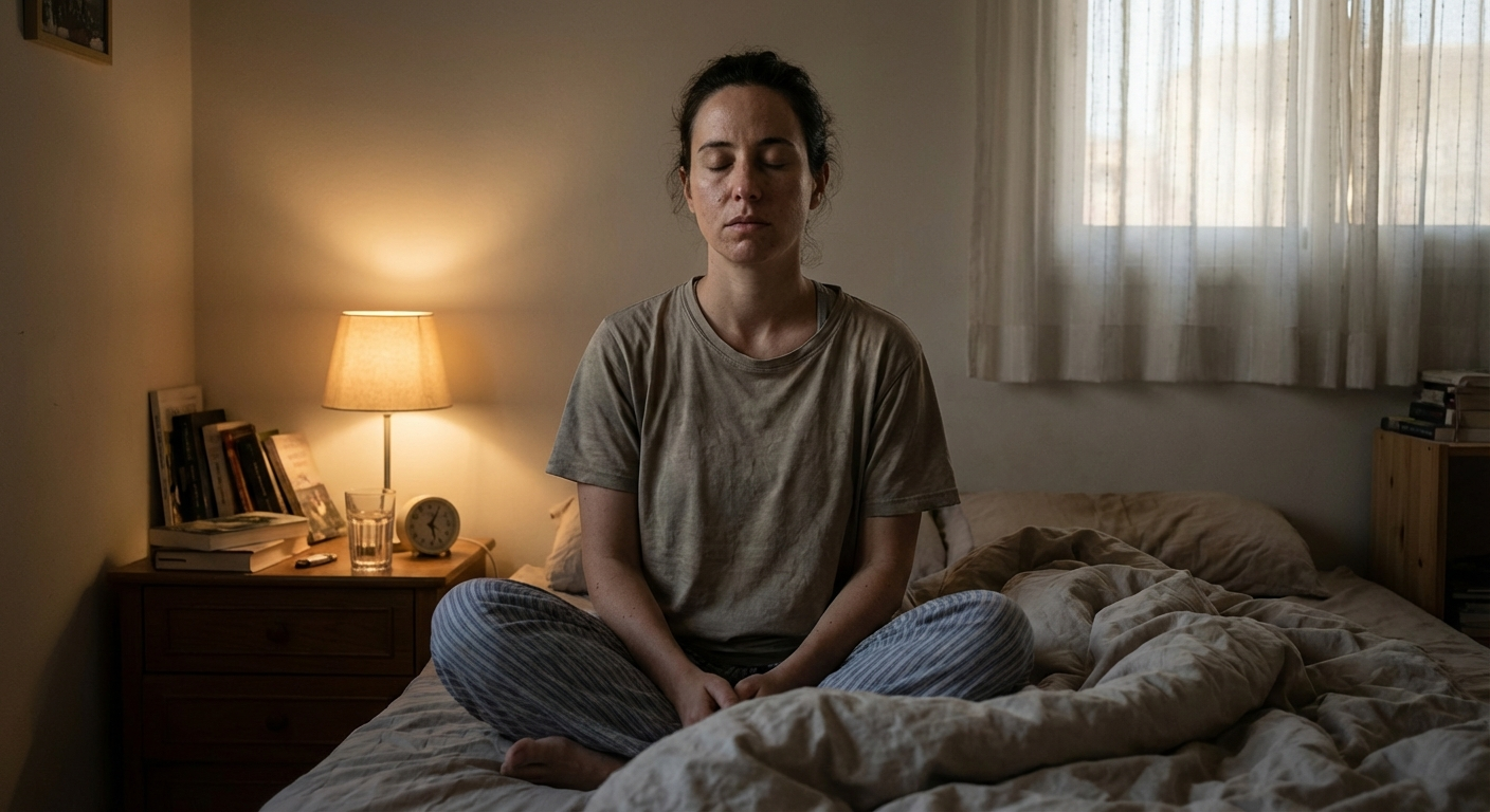 אדם יושב בשקט בקצה המיטה בלילה ומסדיר נשימה אחרי אזעקה