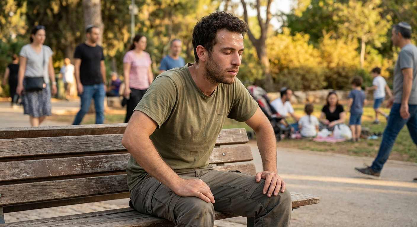 גבר ישראלי יושב על ספסל בפארק ומניח ידיים על הברכיים, נושם לאט