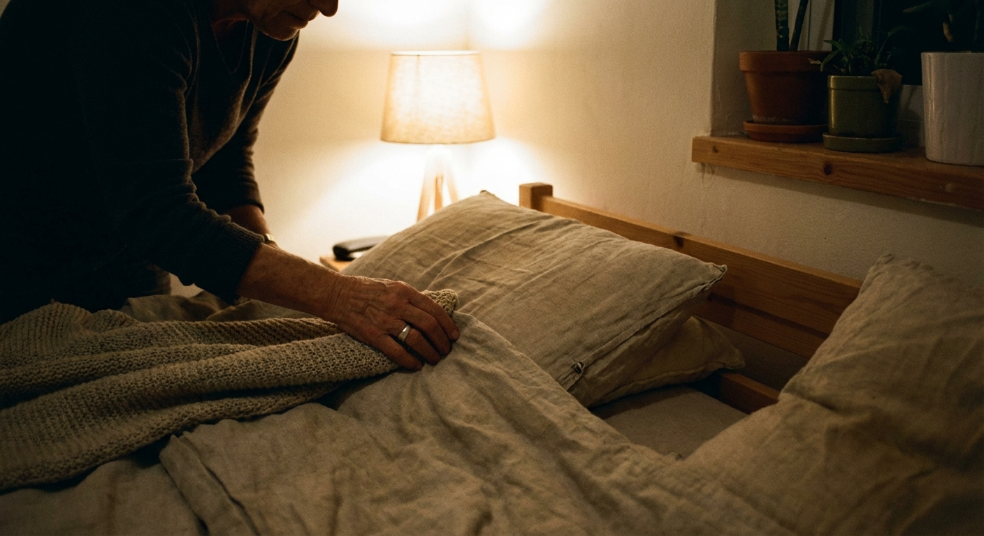 זוג ידיים ישראליות מסדרות כרית ושמיכה באיטיות על מיטה לפני שינה, כחלק מטקס רוגע עדין