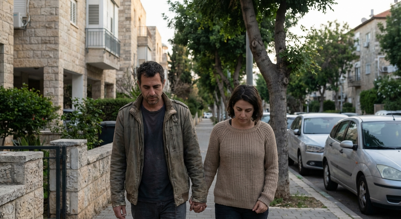 זוג ישראלי עושה הליכה קצרה ברחוב שקט בשכונה כתרגיל חשיפה הדרגתית אחרי לילה של אזעקות