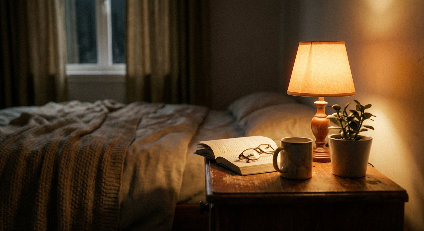 שידת לילה עם ספר ומנורה חמימה בחדר שינה שקט בלילה