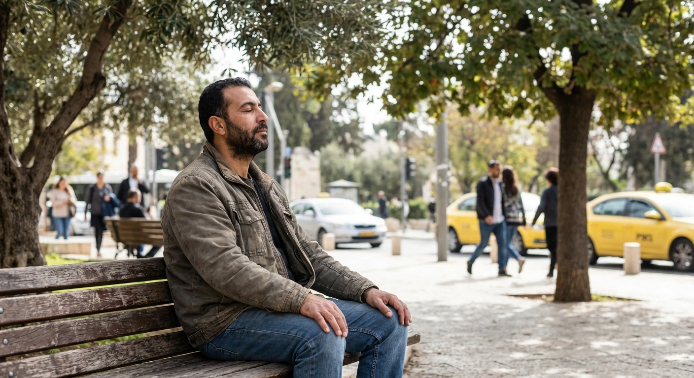 גבר ישראלי מתרגל נשימות הרגעה על ספסל בפארק תוך כדי המתנה לתוצאות