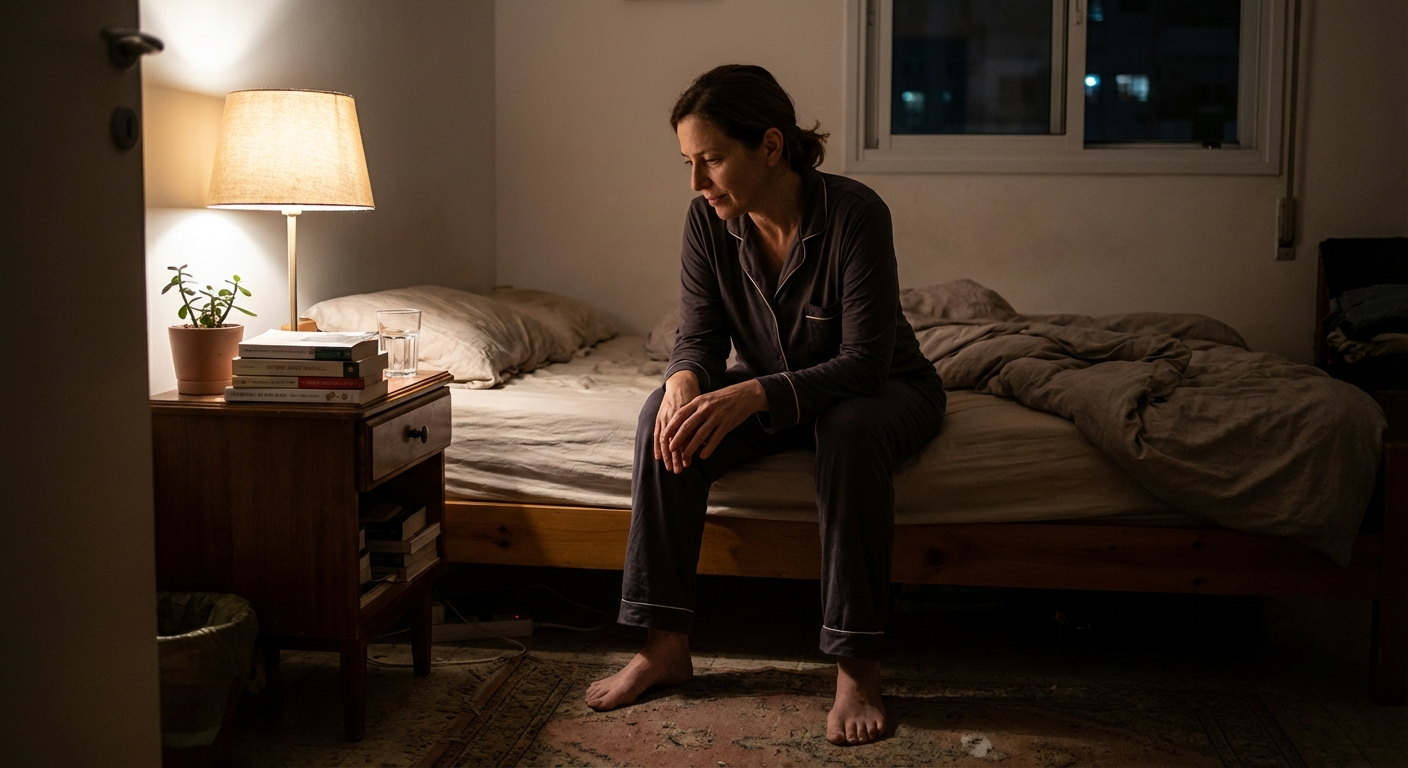 אישה ישראלית יושבת על קצה המיטה בלילה, כפות רגליים על הרצפה, ועושה תרגיל קרקוע קצר לחזרה לשינה
