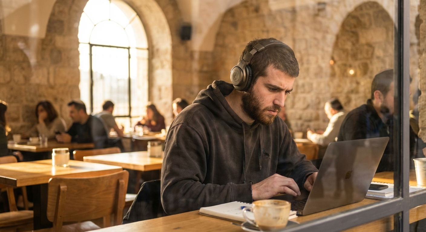 גבר ישראלי צעיר מתרכז בעבודה עם אוזניות בבית קפה בירושלים