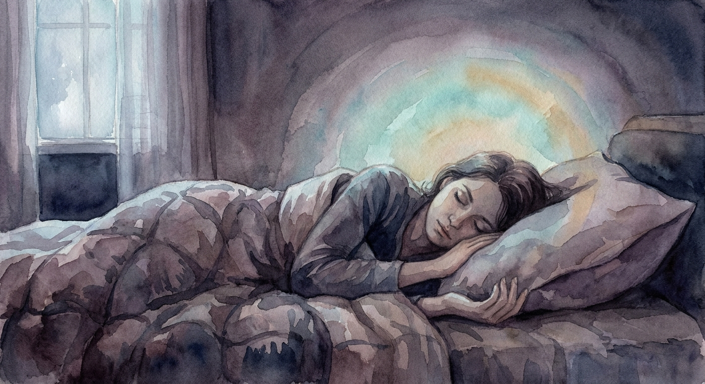 אדם ישן על צד שמאל בלילה, עם הילה רכה סביב המוח