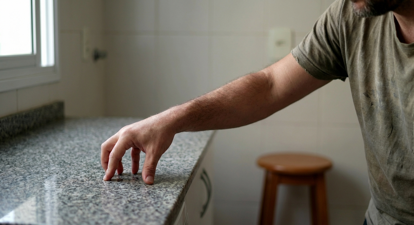 גבר ישראלי יושב במטבח ונוגע במשטח קר כחלק מתרגיל grounding בזמן לחץ