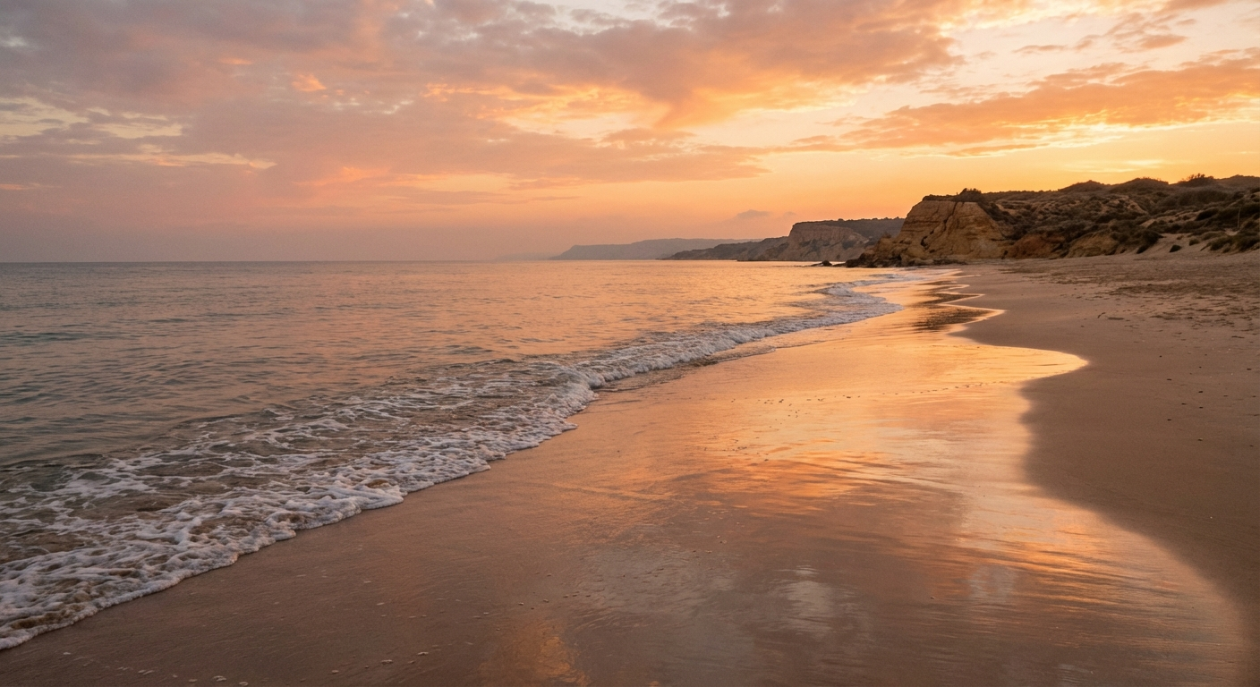 נוף חוף ים ישראלי שקט בשקיעה עם גלים רכים ושמיים כתומים