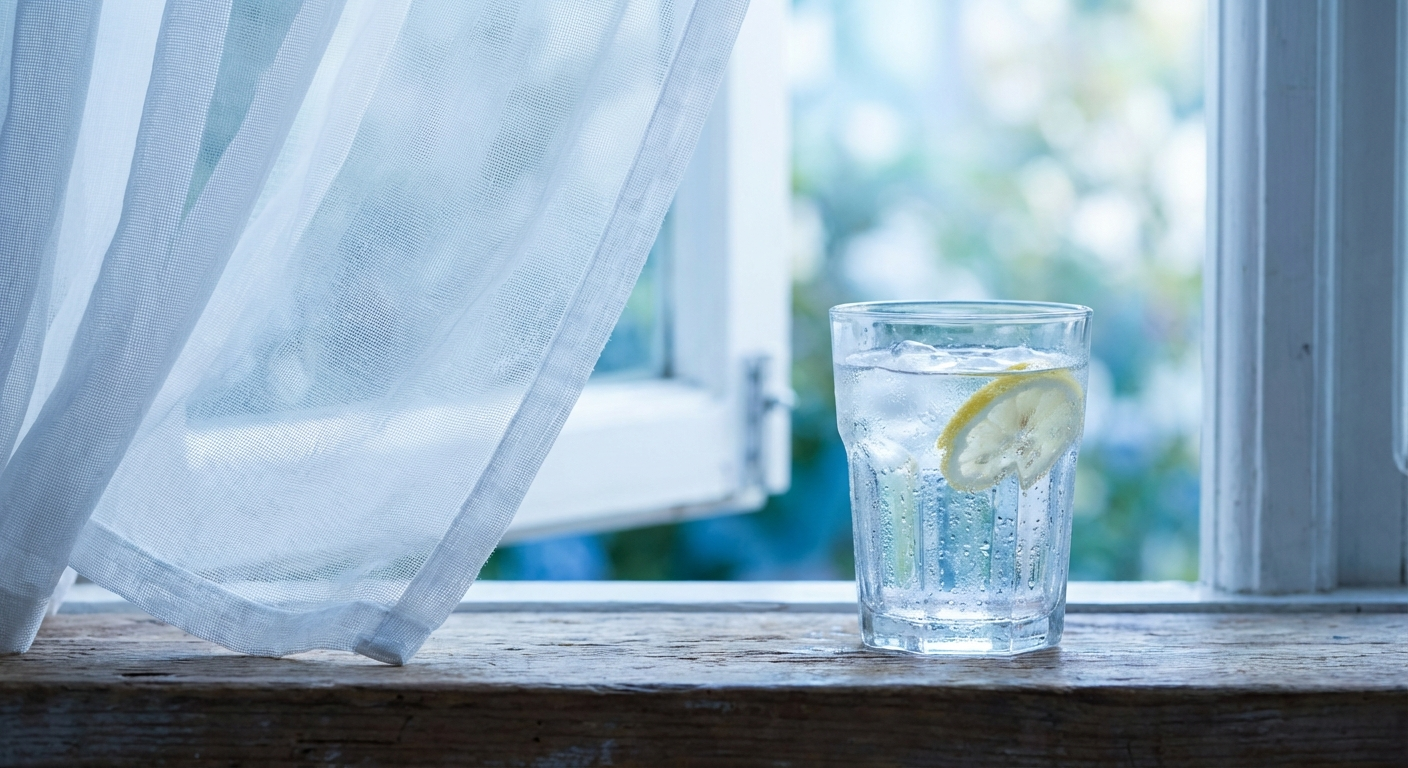 כוס מים קרים עם טיפות עיבוי ליד חלון פתוח עם וילון לבן