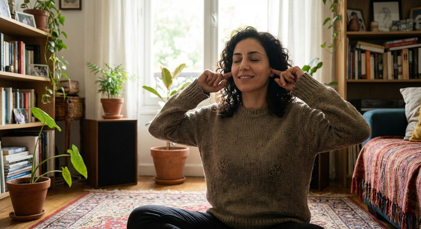 אישה ישראלית יושבת על הרצפה בסלון ומתרגלת נשימה עם ידיים על האוזניים