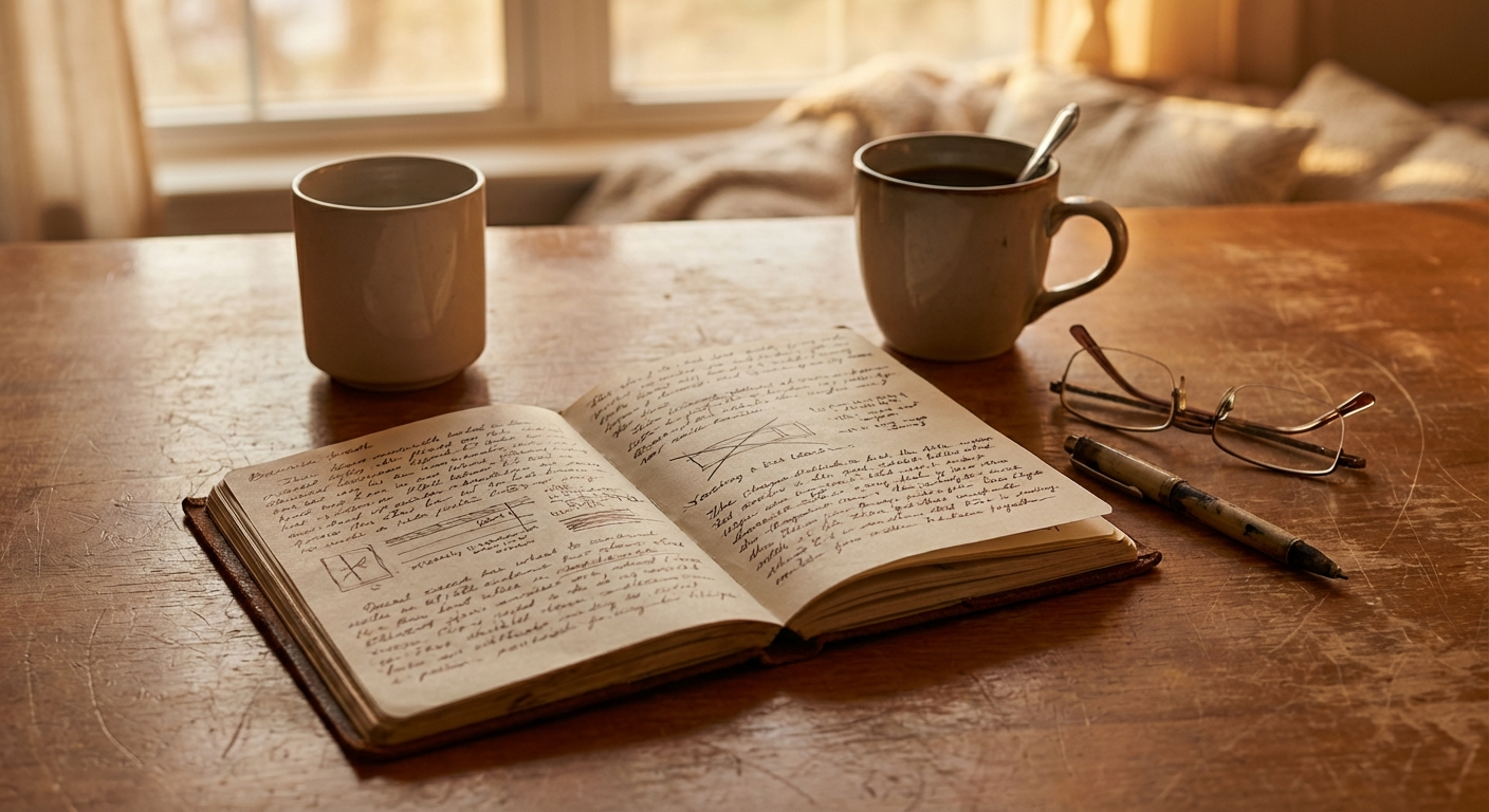 מחברת עם רשימות בכתב יד ליד כוס קפה על שולחן עץ