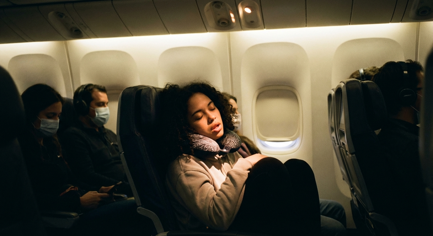 אישה ישראלית צעירה ישנה במושב מטוס עם כרית צוואר