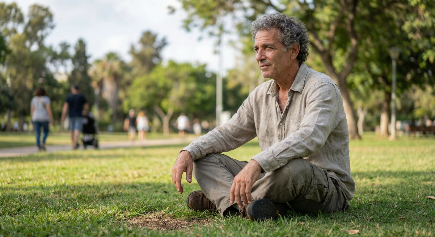 גבר ישראלי יושב בפארק עם עיניים פקוחות ומבט ממוקד על נקודה בטבע