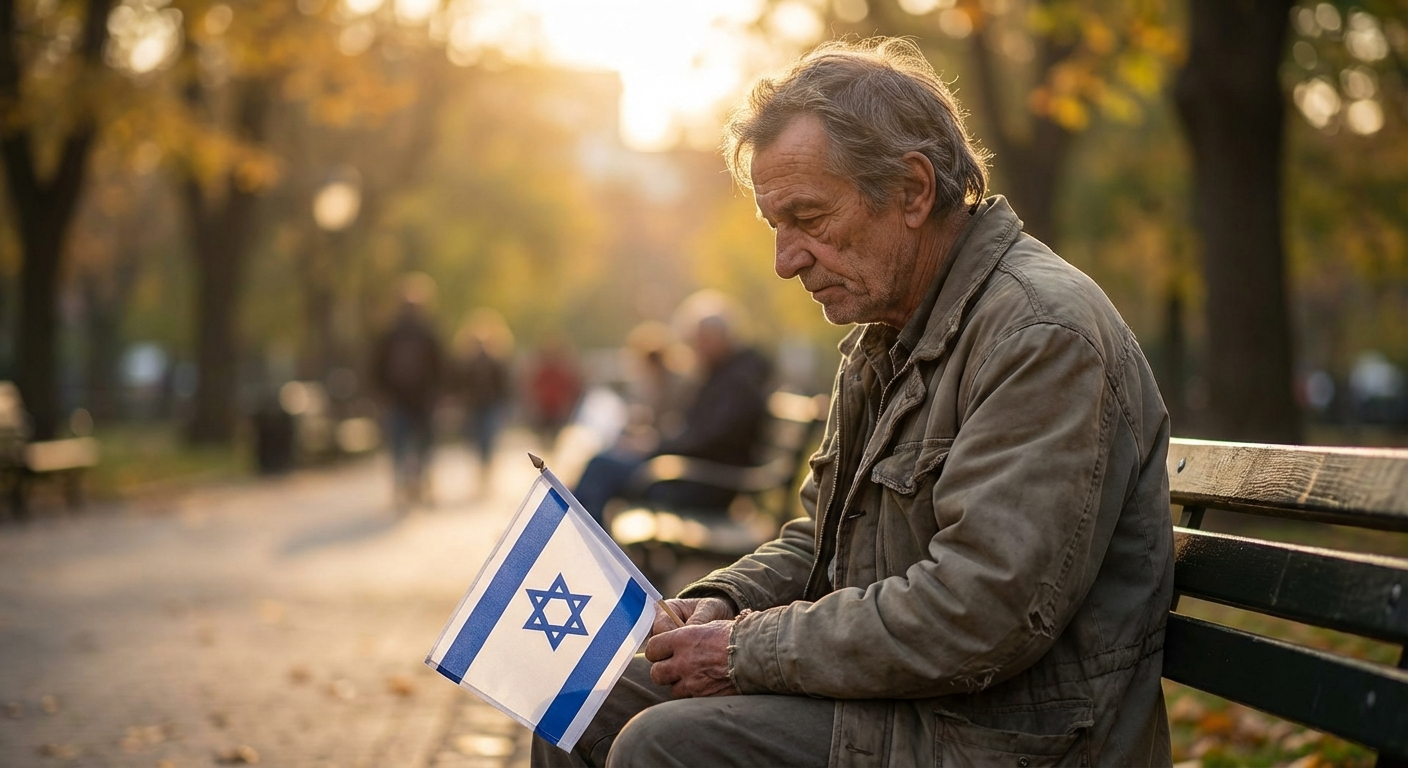 אדם יושב בשקט בפארק בשעת שקיעה ומחזיק דגל ישראל קטן