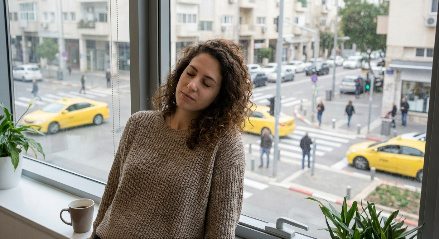 אישה ישראלית עוצרת ליד חלון במשרד לחמש דקות של תשומת לב לנשימה באמצע היום