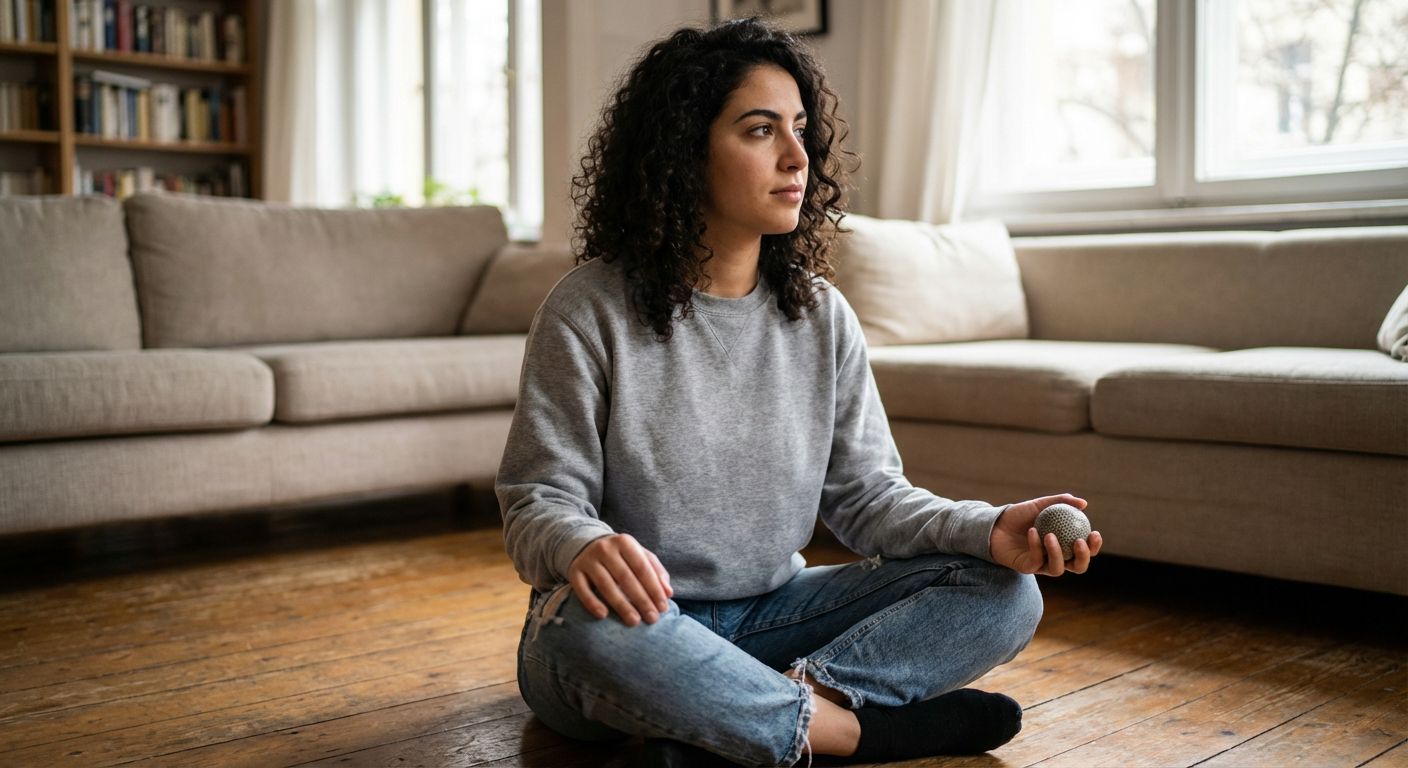 אישה ישראלית צעירה יושבת על רצפה עם כדור סטרס ביד, עיניים פקוחות, תרגול מיינדפולנס מותאם