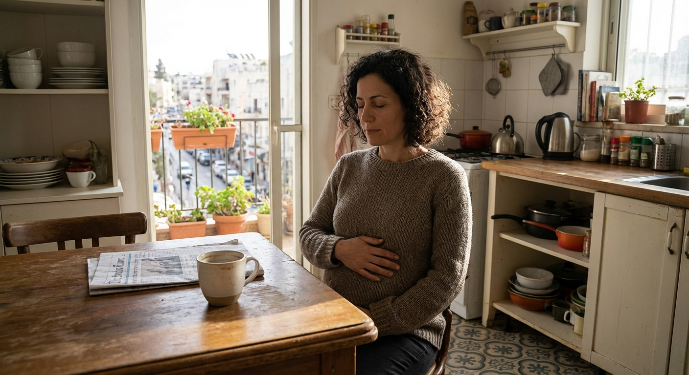 אישה ישראלית יושבת על כיסא במטבח בבוקר ומתרגלת נשימה סרעפתית עם יד על הבטן