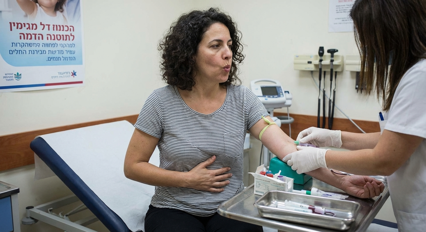 אישה ישראלית במרפאה בזמן בדיקה, מסיטה מבט ומבצעת נשיפה איטית עם יד על הבטן