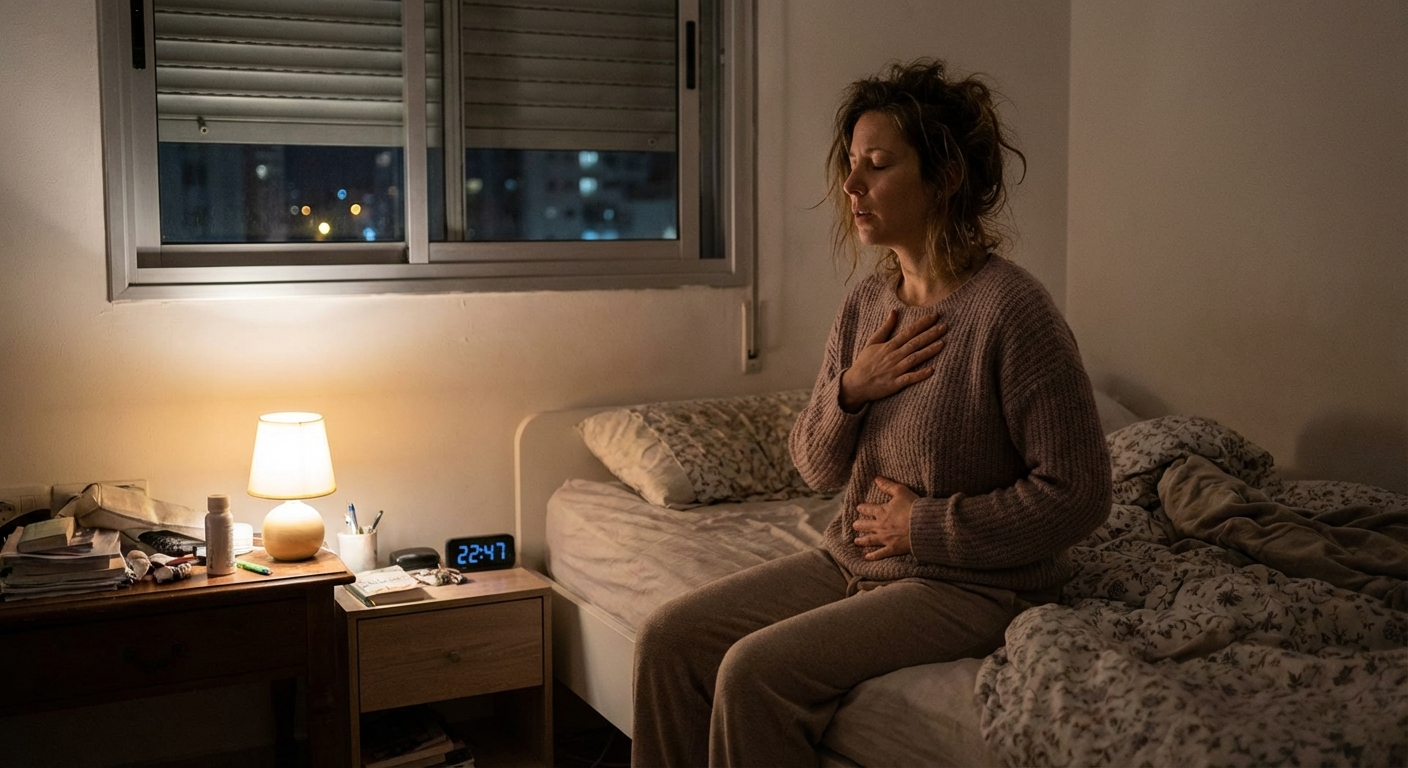 אישה ישראלית יושבת על קצה המיטה בלילה, יד על החזה ונשימות איטיות להרגעה