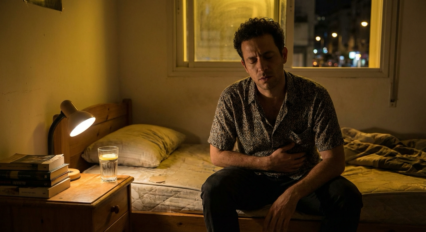 גבר ישראלי יושב על קצה המיטה בלילה ועושה נשימות איטיות עם כוס מים לידו