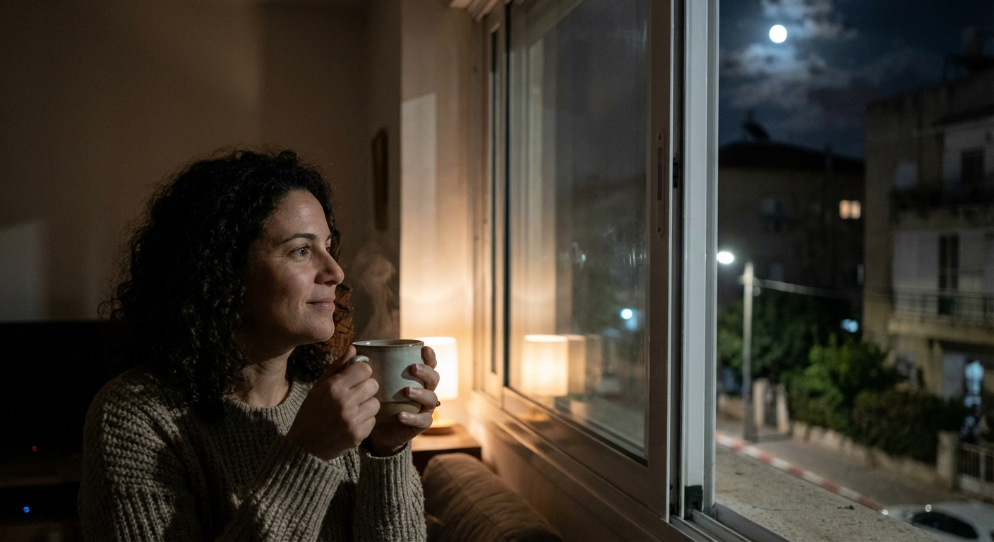 אישה בהריון עומדת ליד חלון בלילה עם כוס תה, נושמת לאט