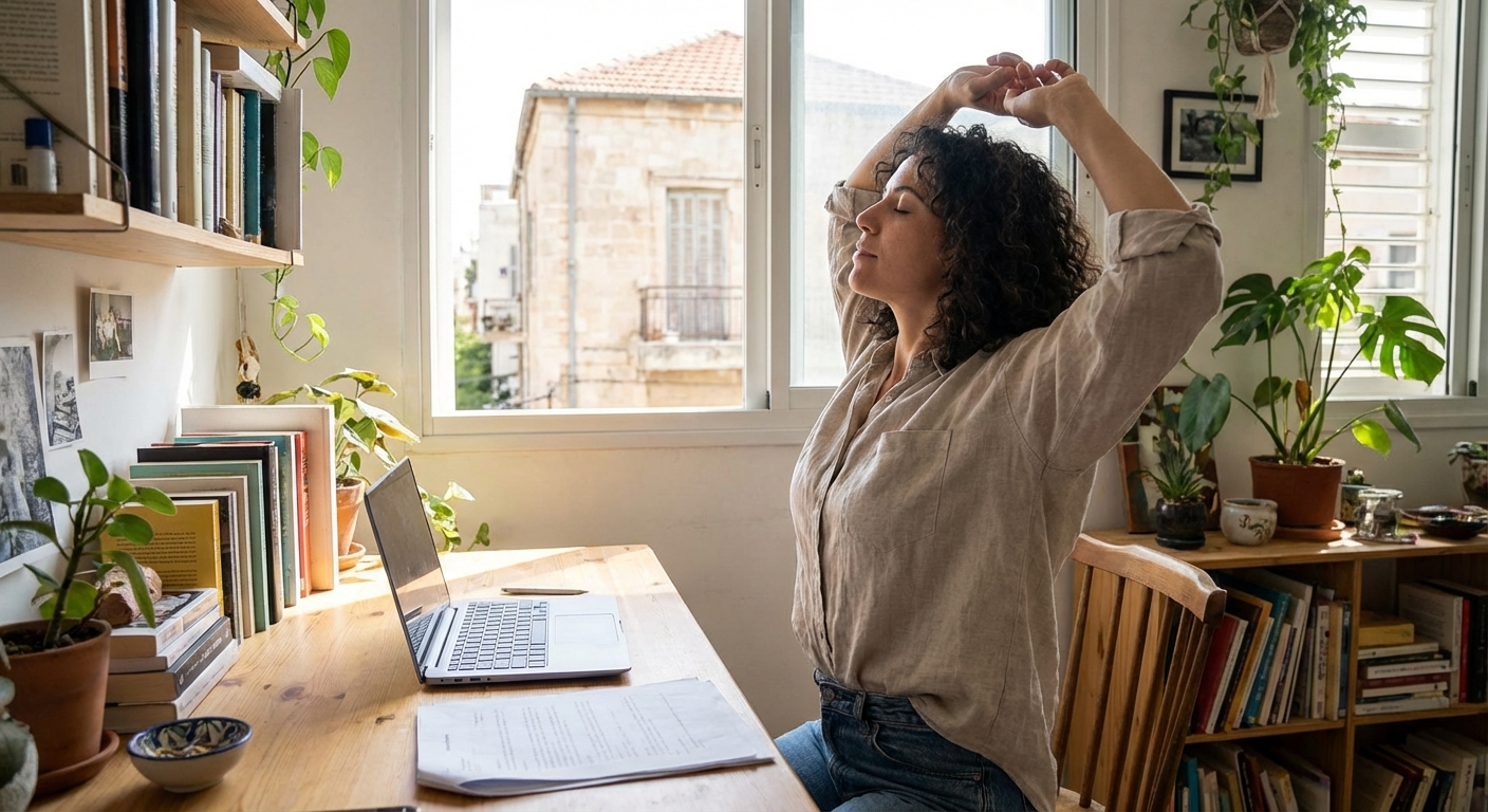 אישה ישראלית עושה מתיחה קצרה ליד שולחן עבודה בבית, מסיטה מבט מהמסך ונושמת עמוק באור יום טבעי