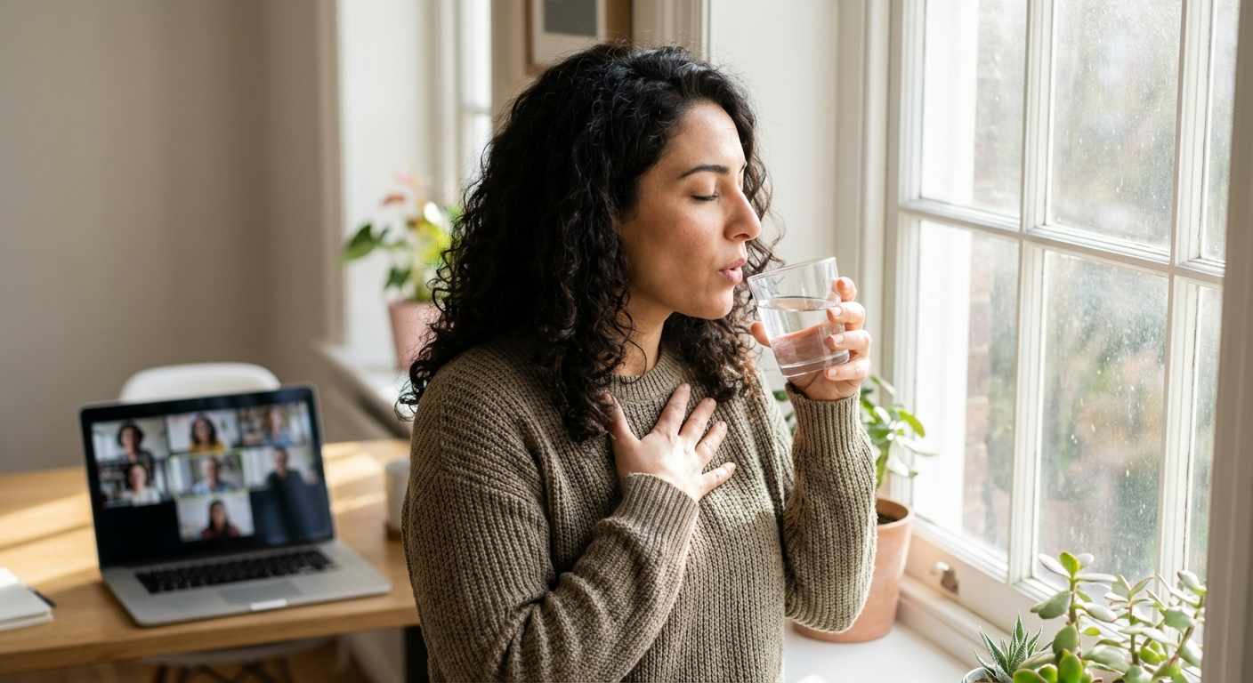אישה ישראלית באמצע הפסקה מפגישת וידאו, שותה מים ונושמת עמוק ליד חלון