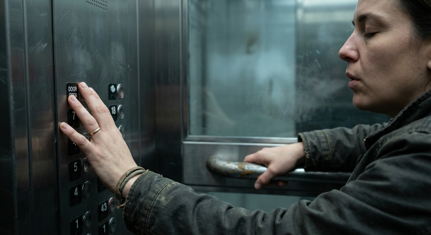 יד ישראלית מקרוב על כפתורי המעלית בזמן תרגיל נשימה קצר: נשיפה ארוכה ונגיעה עדינה במעקה לקרקוע