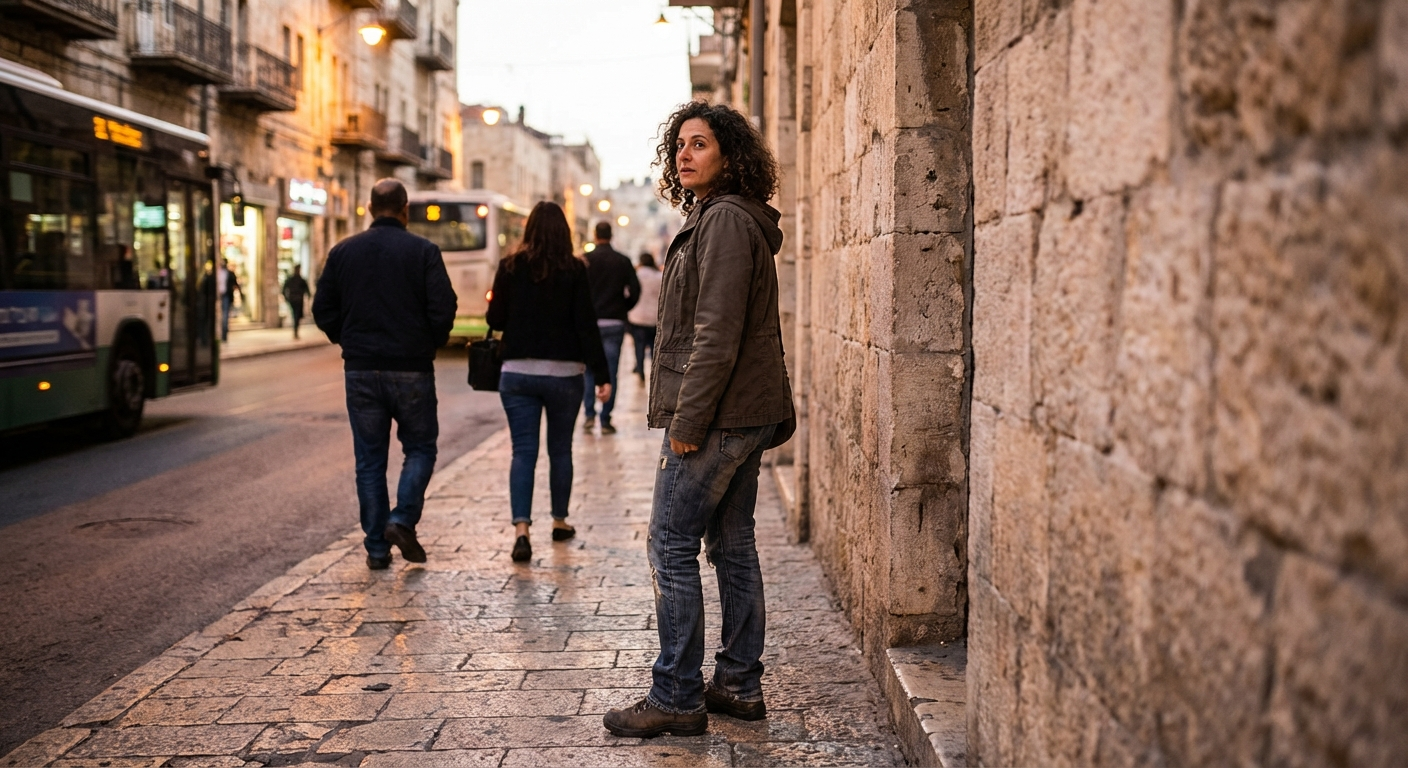 אישה ישראלית עומדת ליד קיר אבן ברחוב, מביטה סביב ומרגישה את כפות הרגליים על הקרקע כדי להתקרקע בדיסקרטיות