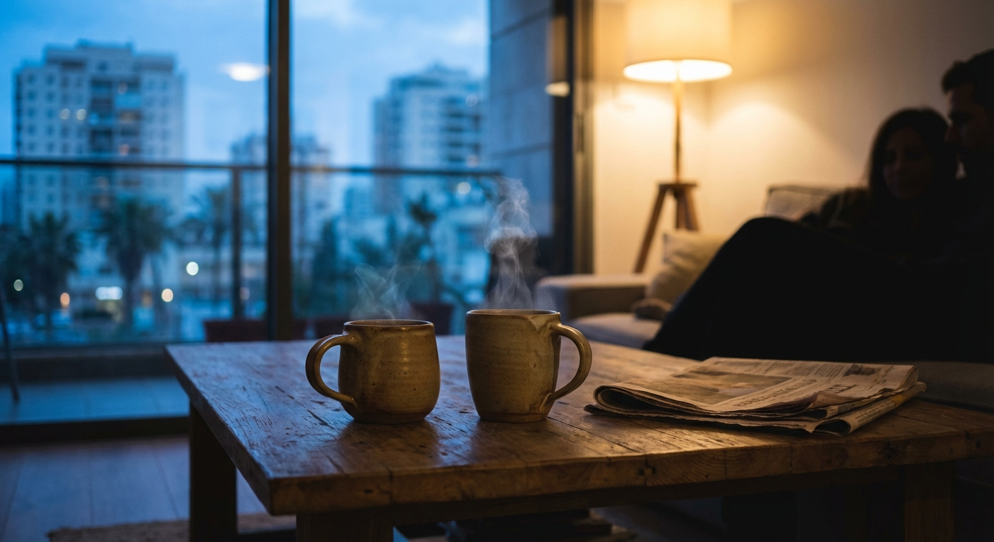 שני כוסות תה על שולחן סלון, ברקע חלון עם נוף עירוני ישראלי, אווירה שקטה