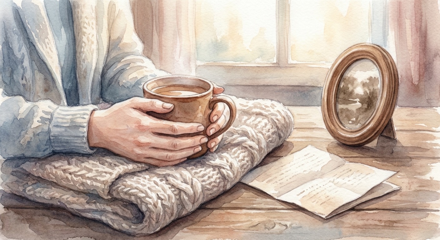 ידיים של הורה אוחזות כוס חמה לצד מכתב וחלון שחר