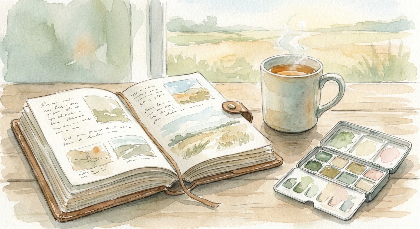 יומן פתוח וכוס תה חמה ליד חלון בבוקר