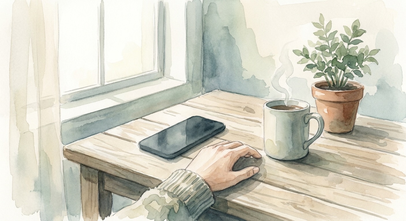 יד מונחת על שולחן עץ ליד טלפון הפוך, עם כוס תה חם וצמח קטן, באור בוקר רך