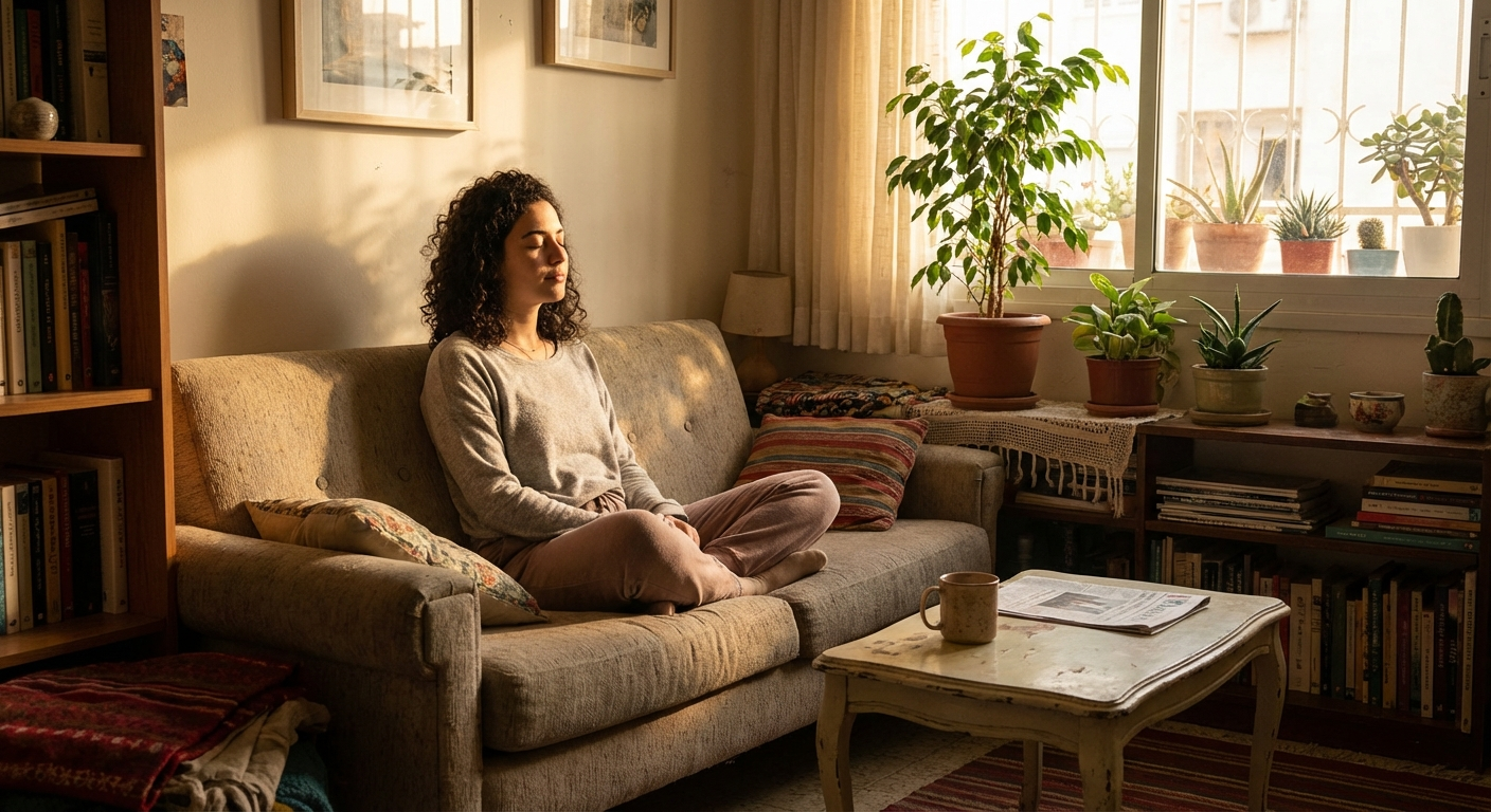 אישה צעירה עושה תרגיל נשימה על ספה בסלון ביתי ישראלי